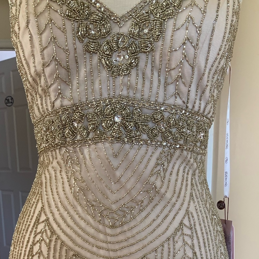 SUE WONG 14 Champagne Beaded Formal Bridal cocktail Evening dress - Picture 10 of 17